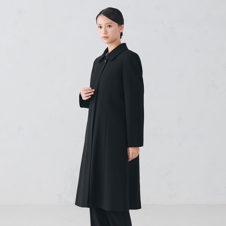 フォーマル対応 取り外し可能ライナー付き ステンカラーコート 黒無地