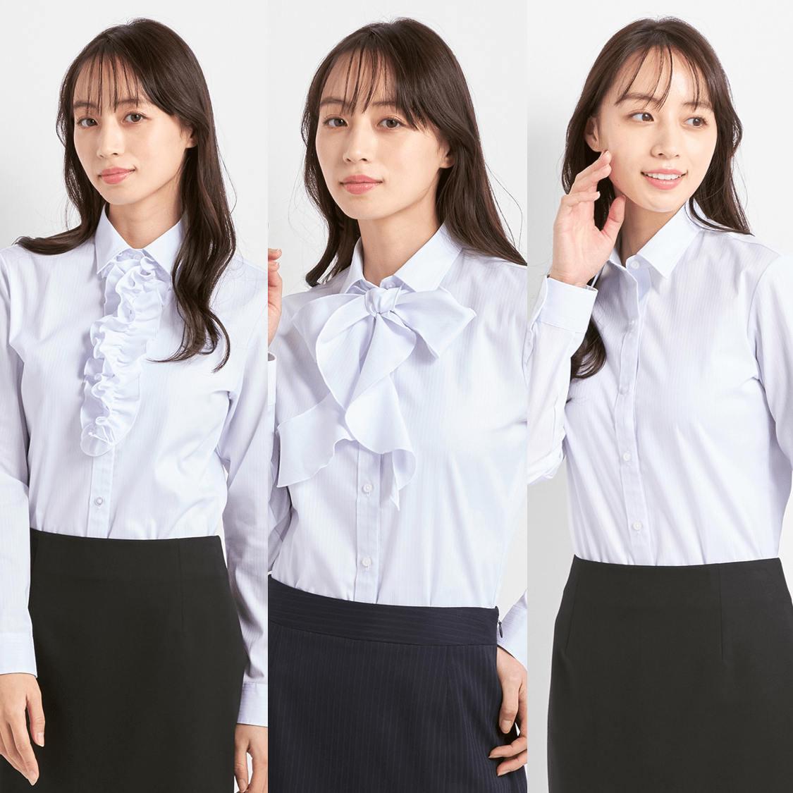 ボタンで取外し可能 フリル＆リボン付き3Wayシャツ〇3wayで着られる便利さ！①リボンでかわいく②フリルで華やかに③リボンもフリルも外してシンプルに〇機能面も充実・リボンとフリルはボタンで取り付ける