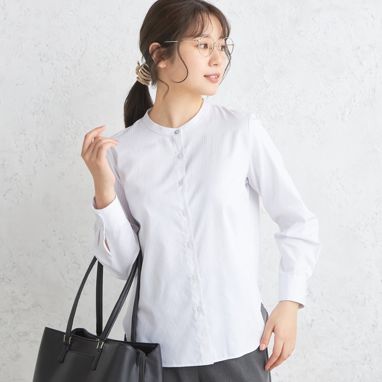 形態安定 透けにくい UVカット バンドカラーシャツ グレー