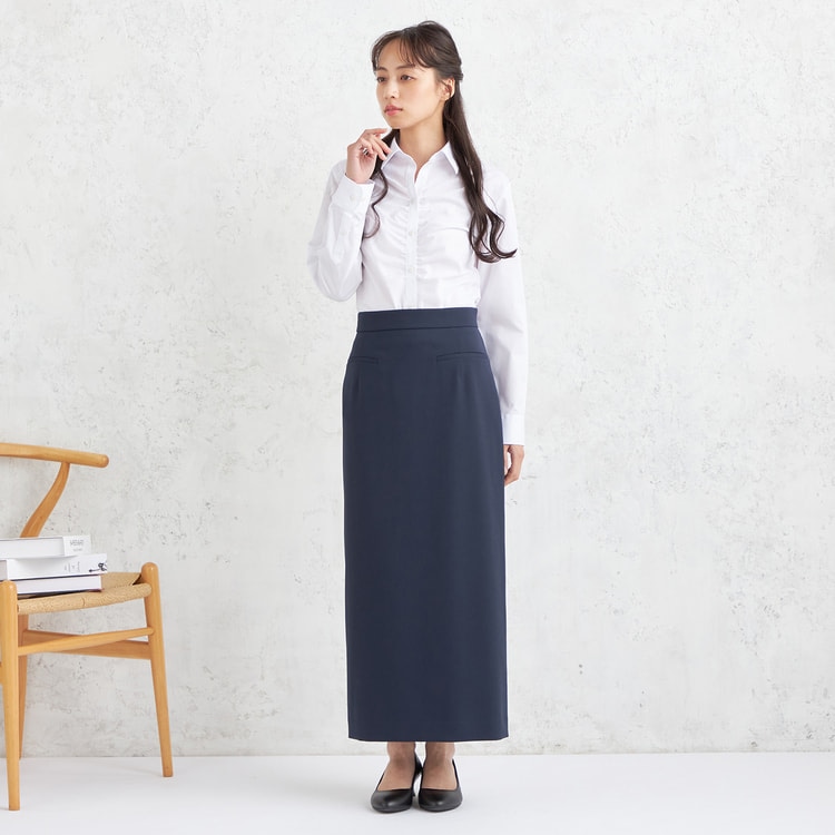 形態安定 スキッパーギャザーシャツ ラベンダーストライプ【AOKI