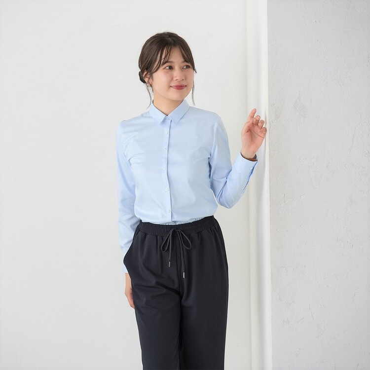 BANANATIME】ノーカラー総柄シャツ シルク100% 青ブルー系 L