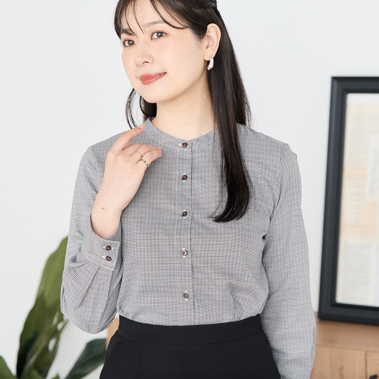 バンドカラーシャツ 茶千鳥格子柄 バンドカラーシャツ 茶千鳥格子柄