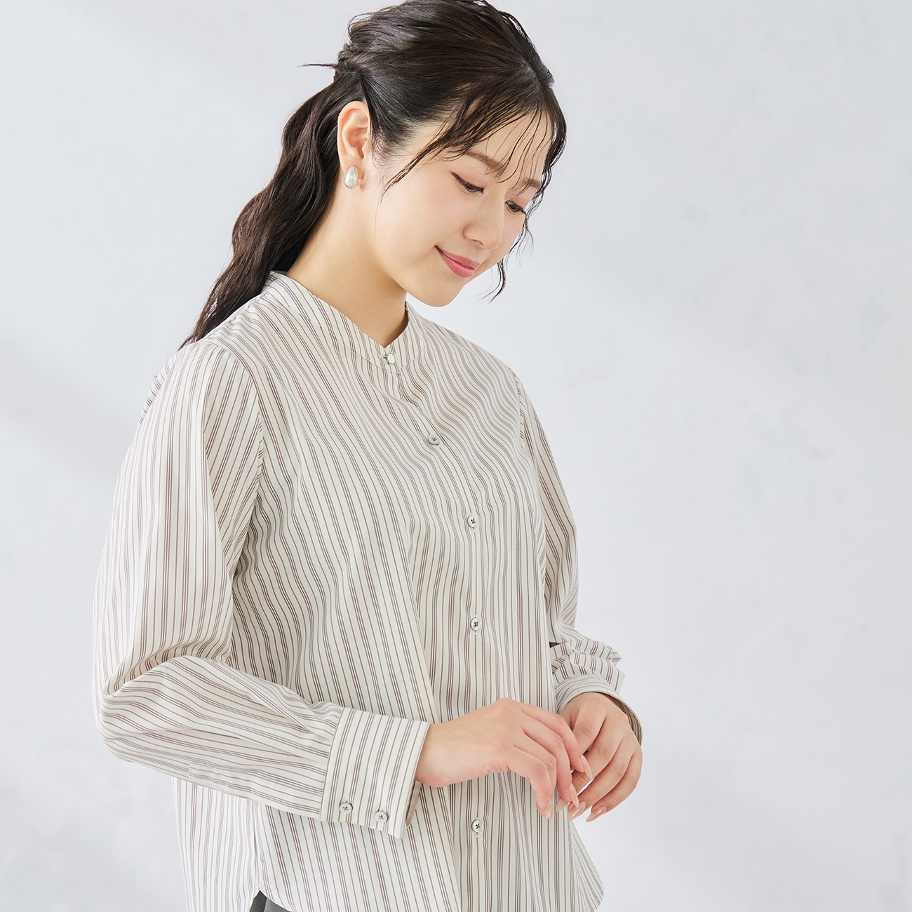 さらっとバンブー バンブーレーヨンバンドカラーシャツ 九分袖