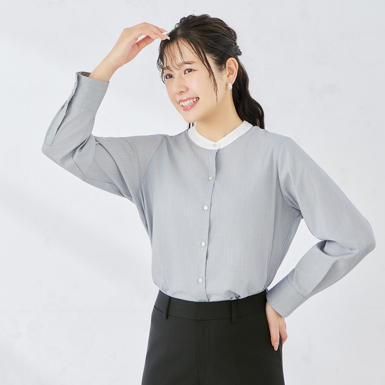 さらっとバンブー バンブーレーヨンバンドカラーシャツ 九分袖