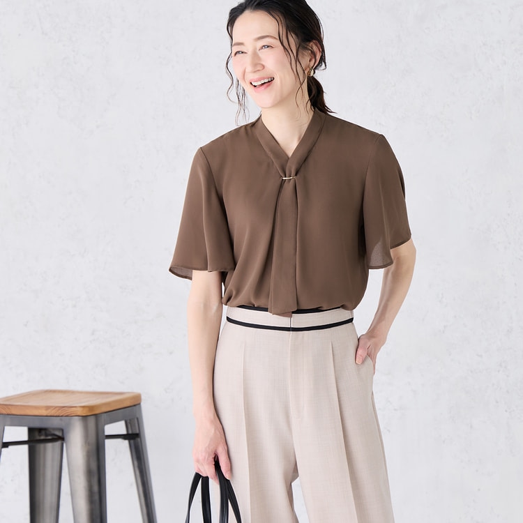 WEB限定商品】冷感ジョーゼットパーツ付きボウタイブラウス CROSS FUN