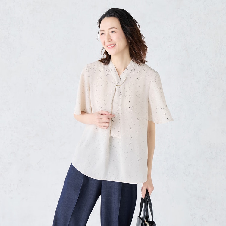 WEB限定商品】冷感ジョーゼットパーツ付きボウタイブラウス CROSS FUN