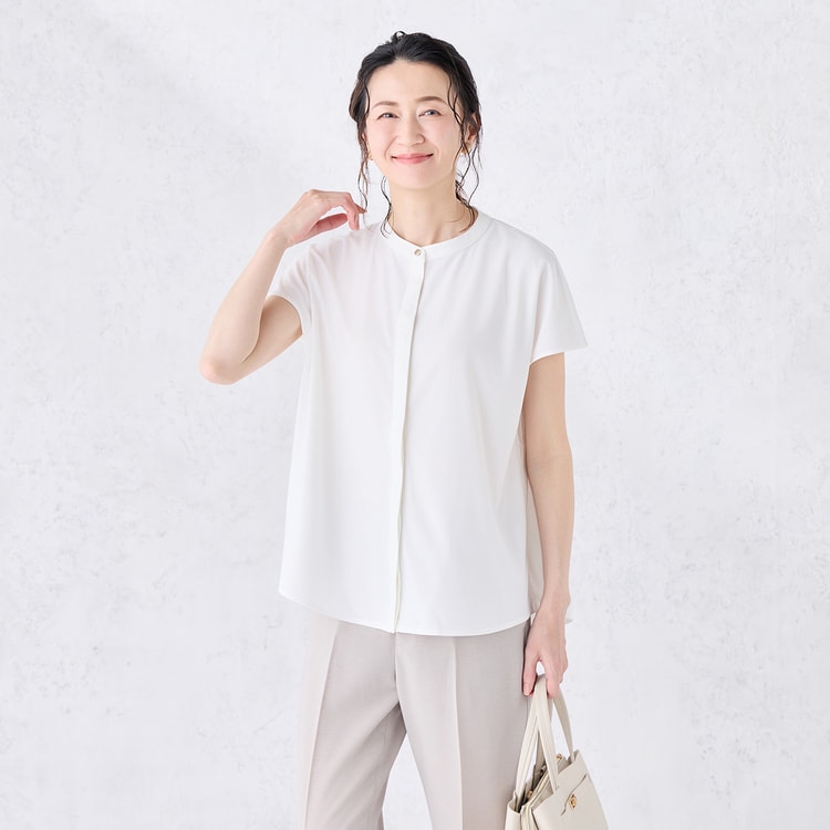 WEB限定商品】フリーラ配色バンドカラー前開きブラウス CROSS FUNCT