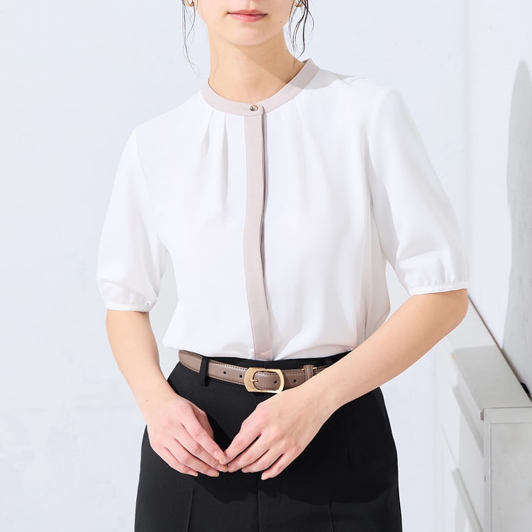 ラクしてキレイ見え】配色バンドカラーブラウス 半袖 【WEB限定商品