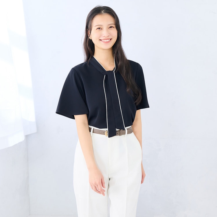 ラクしてキレイ見え】配色ボウタイブラウス 半袖 【WEB限定商品