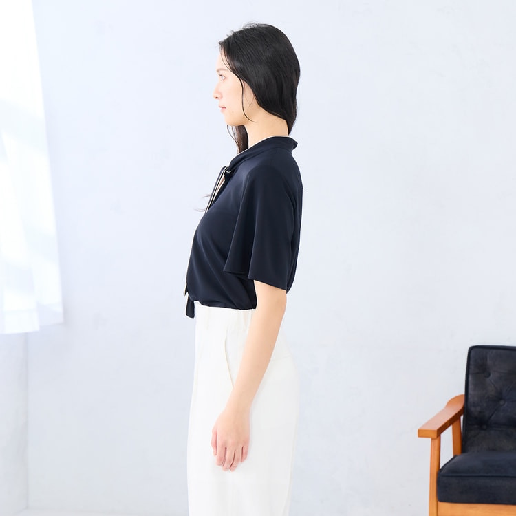 ラクしてキレイ見え】配色ボウタイブラウス 半袖 【WEB限定商品 