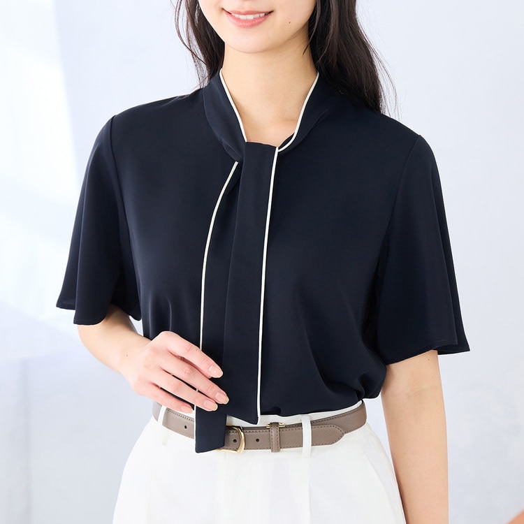 ラクしてキレイ見え】配色ボウタイブラウス 半袖 【WEB限定商品