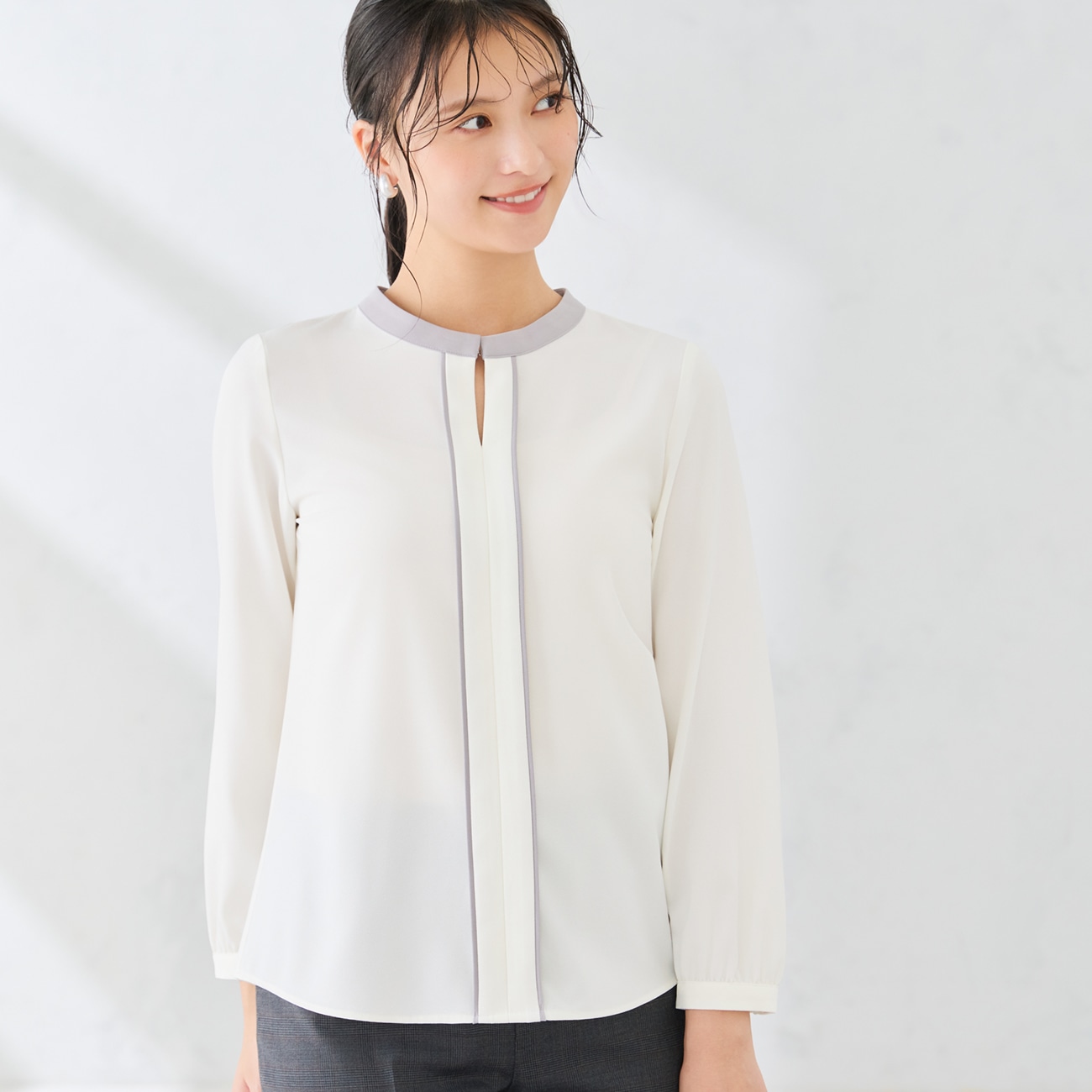 【ラクしてキレイ見え】ジョーゼット配色ブラウス｜防しわ・UVカット【WEB限定商品】