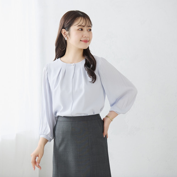 ≪Oggi4月号掲載≫ 九分袖 異素材コンビプリーツ袖ブラウス