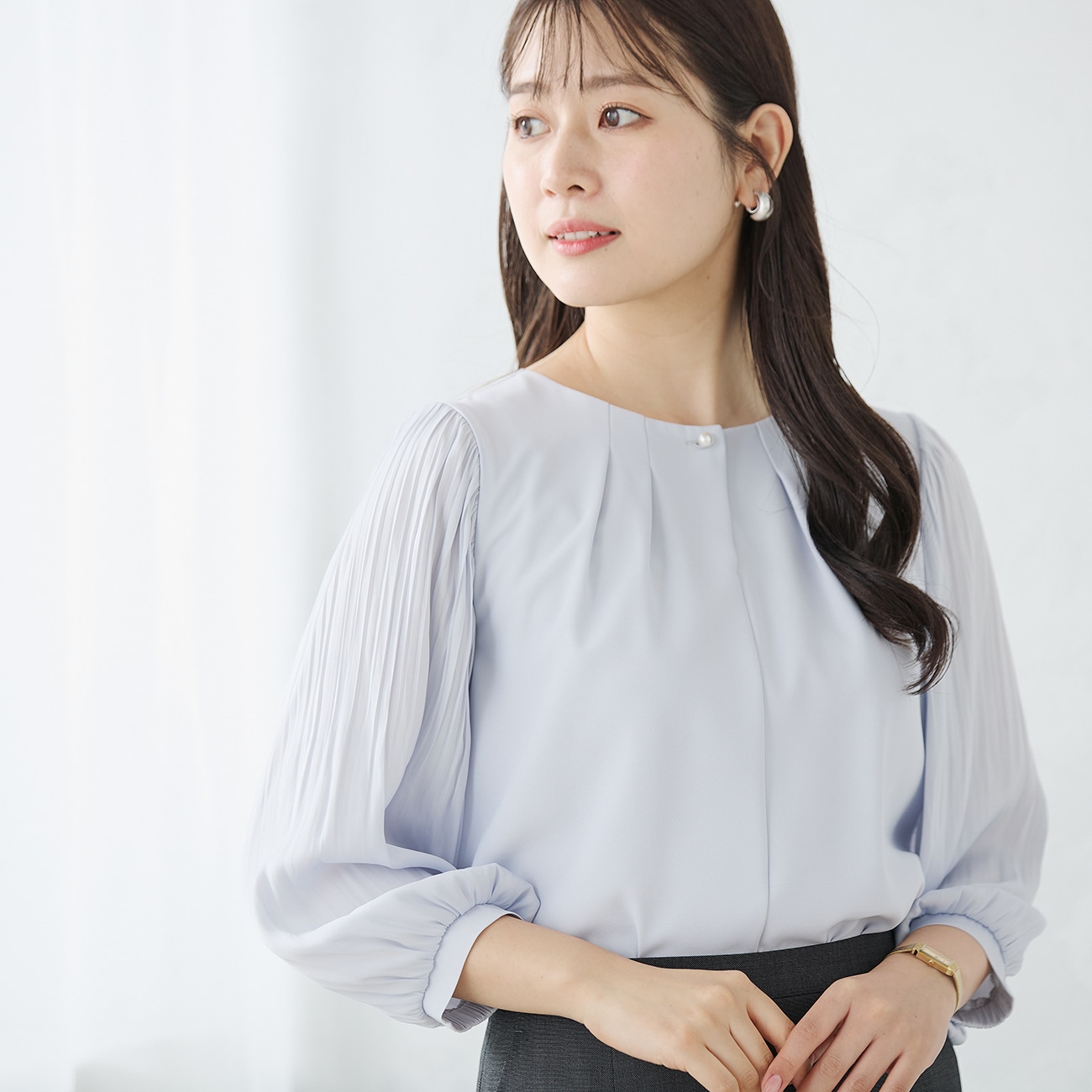 ≪Oggi4月号掲載≫ 九分袖 異素材コンビプリーツ袖ブラウス ≪Oggi4月号掲載≫ 九分袖 異素材コンビプリーツ袖ブラウス