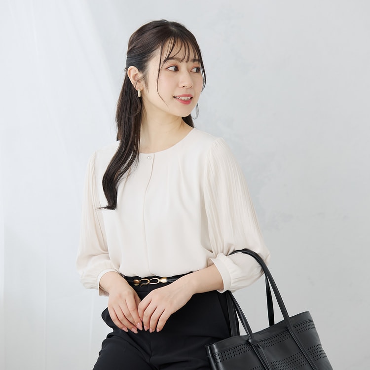 ≪Oggi4月号掲載≫ 九分袖 異素材コンビプリーツ袖ブラウス
