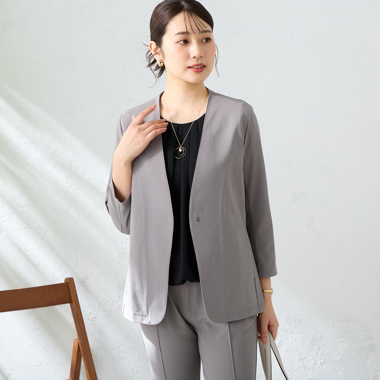 【特価】【パジャマスーツ】 RENU 七分袖ノーカラージャケット セットアップ着用可 【特価】【パジャマスーツ】 RENU 七分袖ノーカラージャケット セットアップ着用可