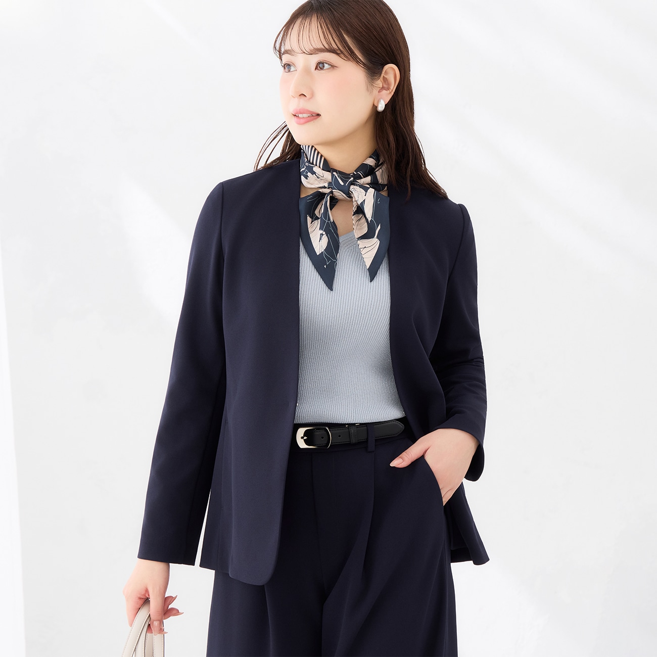 〈パジャマスーツ〉ジョーゼットジャージーノーカラージャケット｜防しわ・洗える｜セットアップ対象