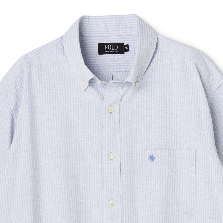 SizeMAX】POLO 綿100% サッカーストライプ 七分袖ボタンダウンシ