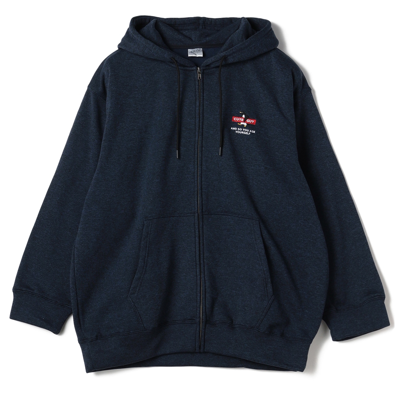 【SizeMAX】カチオン杢 裏起毛ペンギン刺繍ジップパーカー