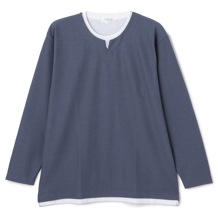 SizeMAX】PLEGGI ダブルフェイスフェイクキーネックロングTシャツ