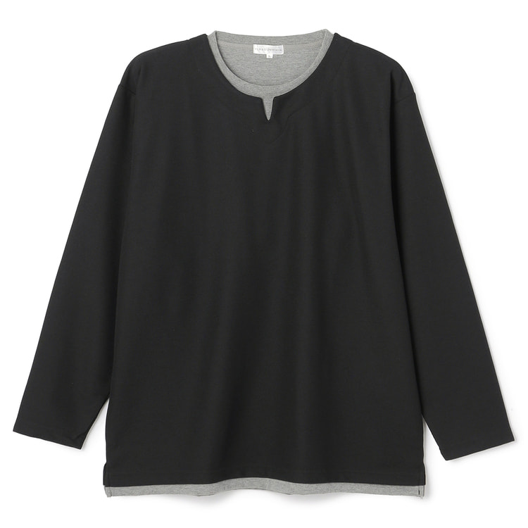 SizeMAX】PLEGGI ダブルフェイスフェイクキーネックロングTシャツ