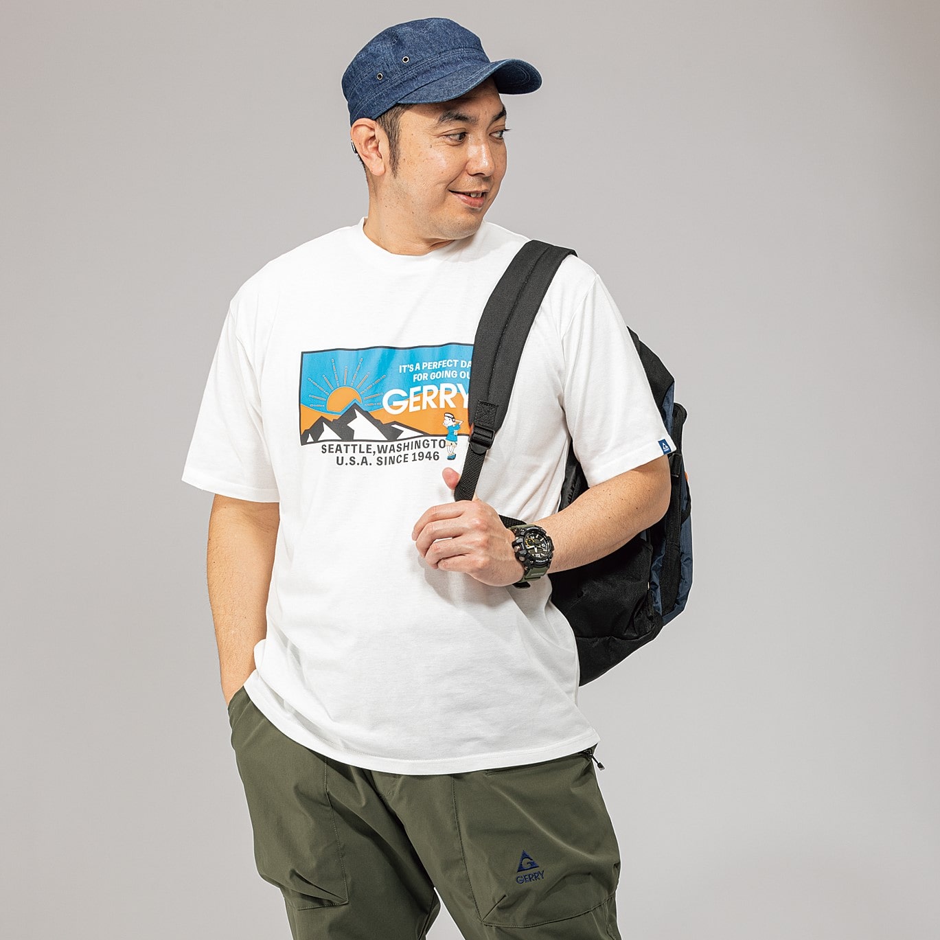 GERRYブランド商品アメリカのアウトドアブランドGERRY(ジェリー）のSize MAX別注商品が新登場！アウトドアブランドらしいポップなオリジナルプリントが施されたTシャツです。Size MAX独