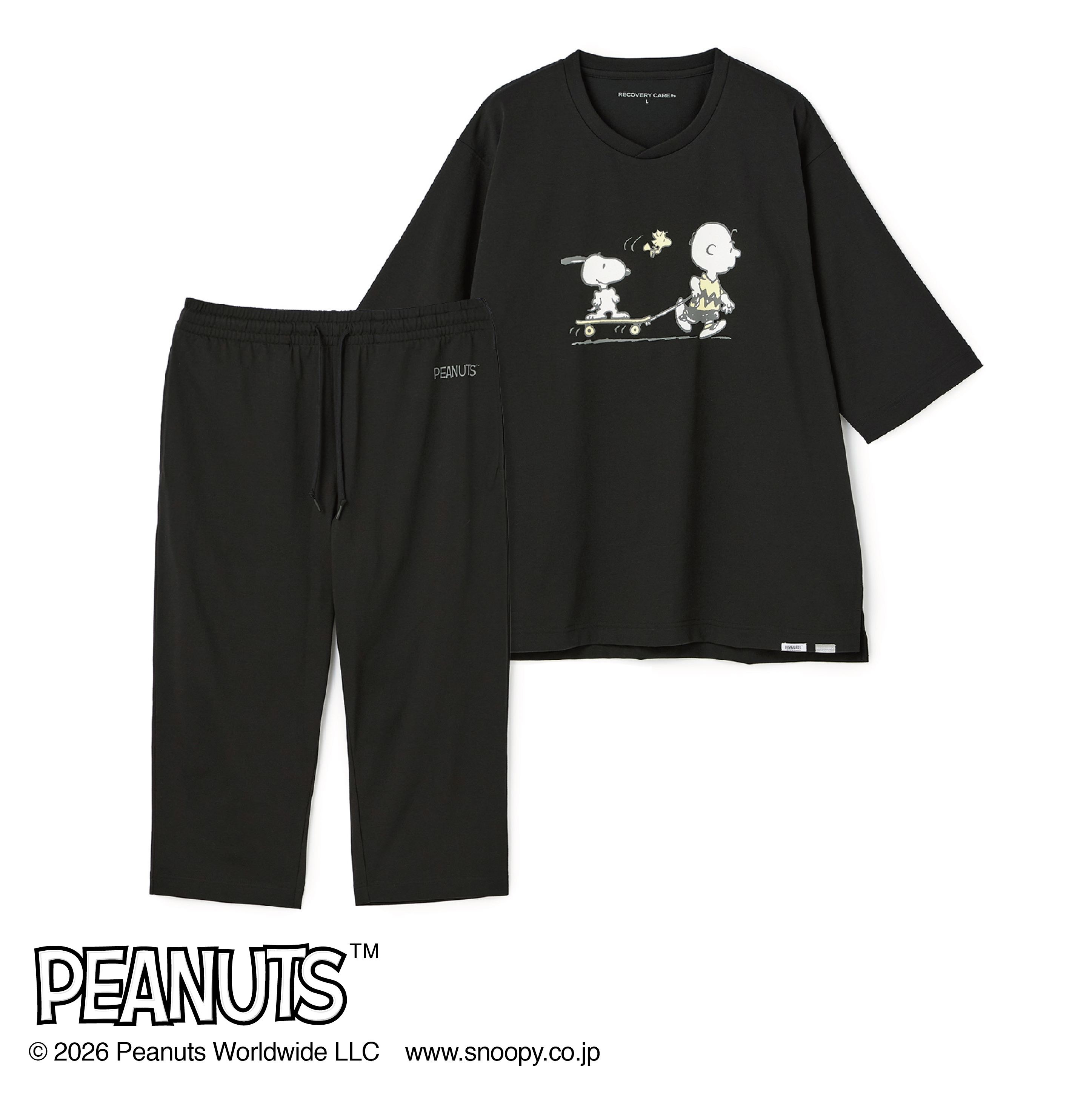 AOKI＆PEANUTSコラボ リカバリーケアプラス ルームウェア 五分袖Tシャツ＆七分丈パンツ 上下セット ユニセックス AOKIの疲労回復リカバリーウェア