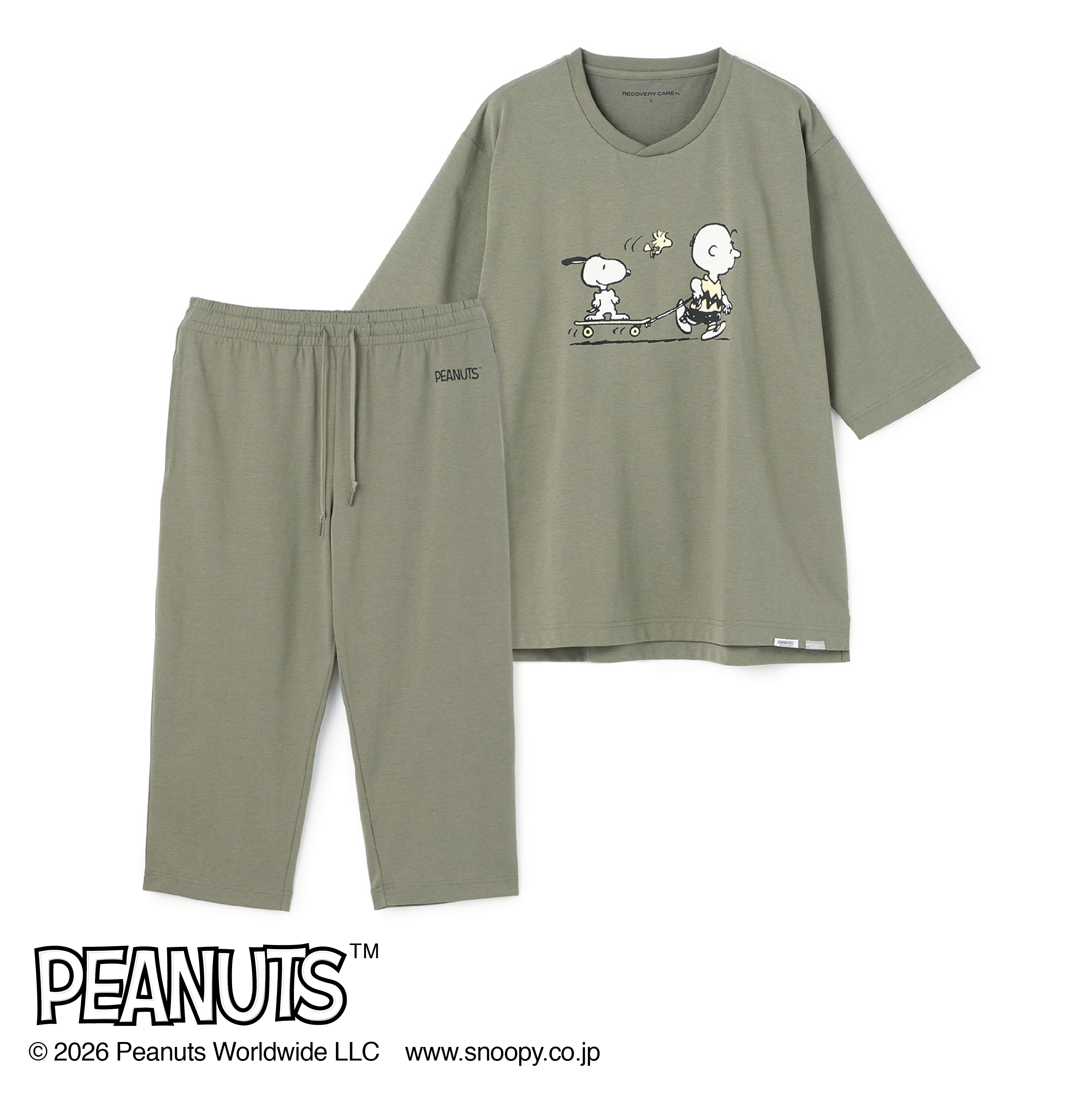 AOKI＆PEANUTSコラボ リカバリーケアプラス ルームウェア 五分袖Tシャツ＆七分丈パンツ 上下セット ユニセックス AOKIの疲労回復リカバリーウェア