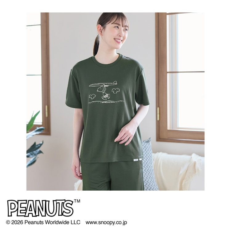 AOKI リカバリー　スヌーピー ルームウェア 半袖　半ズボン　M ブラック AOKI＆PEANUTSコラボ リカバリーケアプラス ルームウェア メッシュ 半